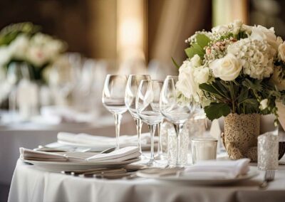 Festlich gedeckter Tisch mit mehreren Weingläsern, weißen Servietten und einem Blumenarrangement aus weißen Rosen und grünen Blättern.