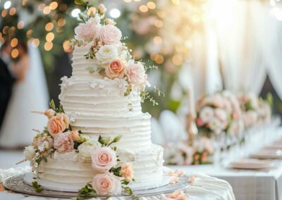 Dreistöckige weiße Hochzeitstorte mit rosa und weißen Rosen, dekoriert mit grünen Blättern, unscharfe Braut und Bräutigam im Hintergrund.